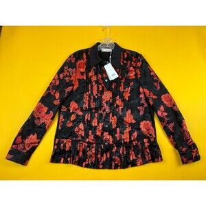 Tory Burch Printed Pleated Shirt Womens 4 Black Red Paisley Button Up $498 NWT